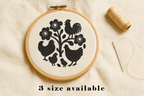Folk Chicken Floral Embroidery Art for Small Business Merch
