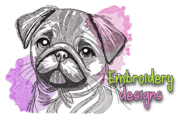 Sketch Pug Dog Embroidery Designs for Seasonal Creations